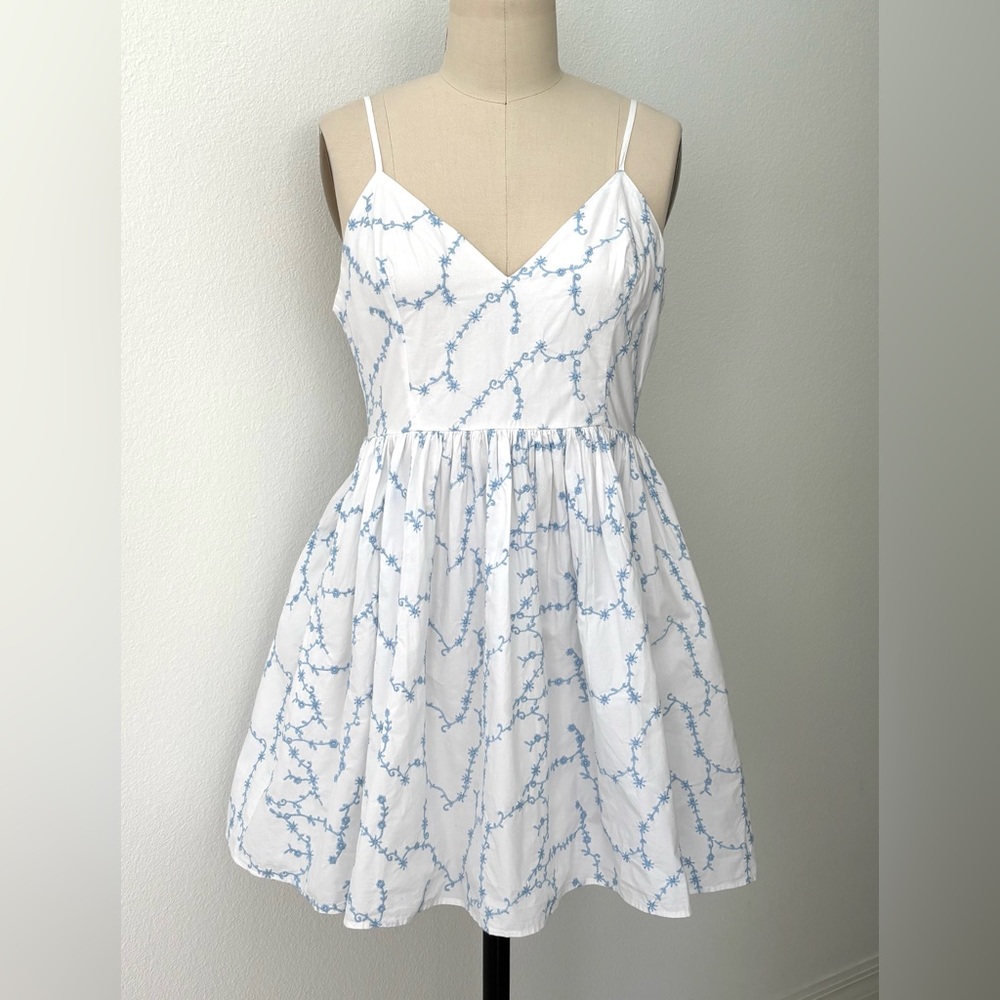 Zara Blue Embroidered White Poplin Mini Dress NWT Cotton Spaghetti Straps L